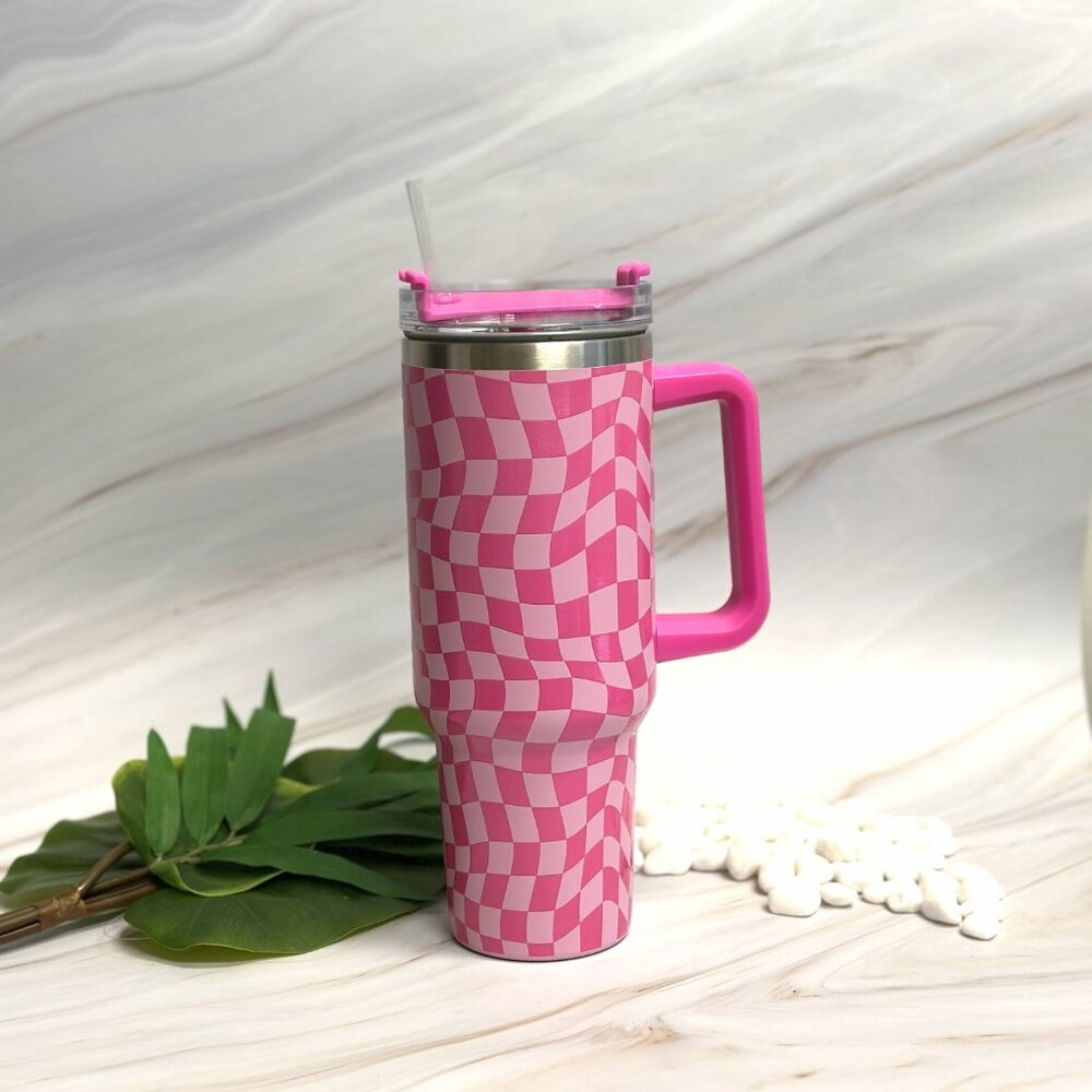 Stylish Checker Large 40oz Water Cup With Handle & Straw - Pink